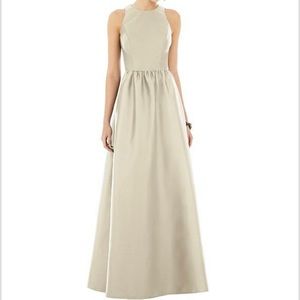 Alfred Sung Champagne Bridesmaid Sleeveless Halter Neck Keyhole Back Satin Gown